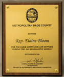 Award for Valuable Assistance and Support during the 1989 Legislative Session by Metropolitan Dade County