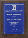 Certificate of Appreciation presented to Rep. Ealine Bloom by The Epilepsy Foundation of Florida. Scott L. Gold, M.D., President