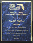 Arthur H. Harris Government Services Award, presented to Elaine Bloom by Florida Health Care Association