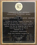 Lawrence E. "Ed" Hoffman Legislative Champion Award, presented to Representative Elaine Bloom by Florida Police Benevolent Association, Inc. Ernest W. George, President